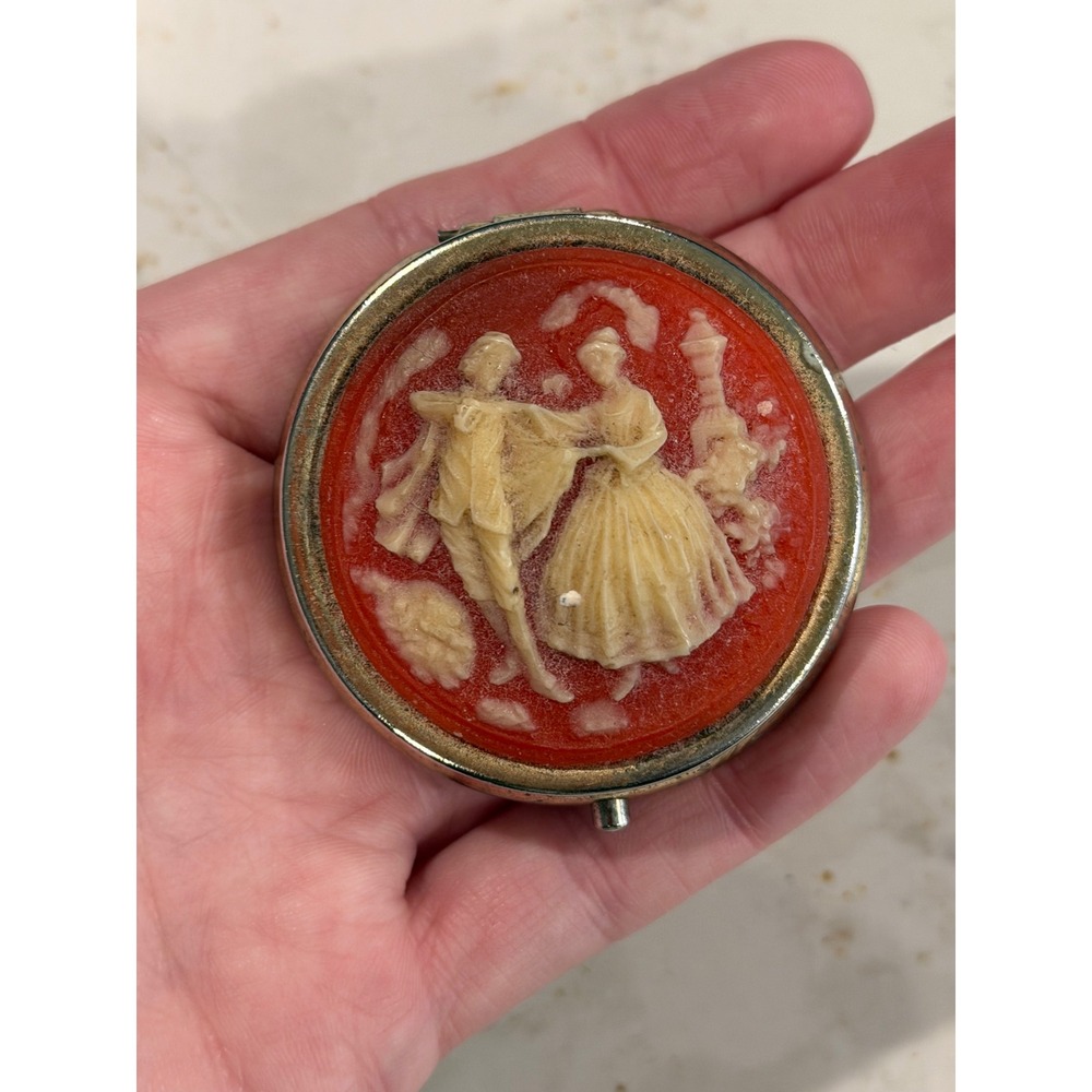 Vintage Red Cameo Style Pill Box Gold Tone Dancing Victorian Couple 3 Section